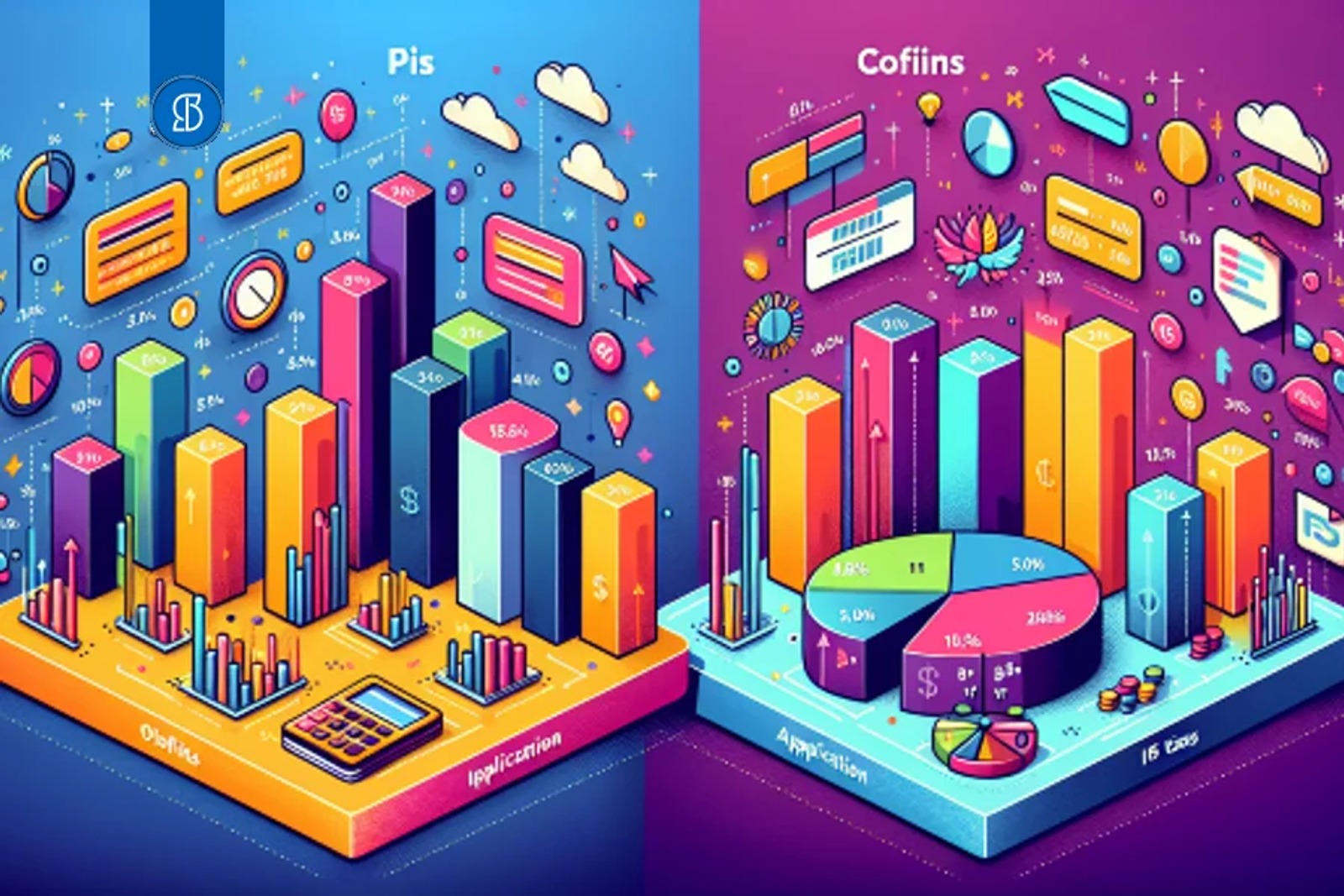 Ilustração isométrica dividida em dois painéis, azul à esquerda e roxo à direita, com gráficos comparativos