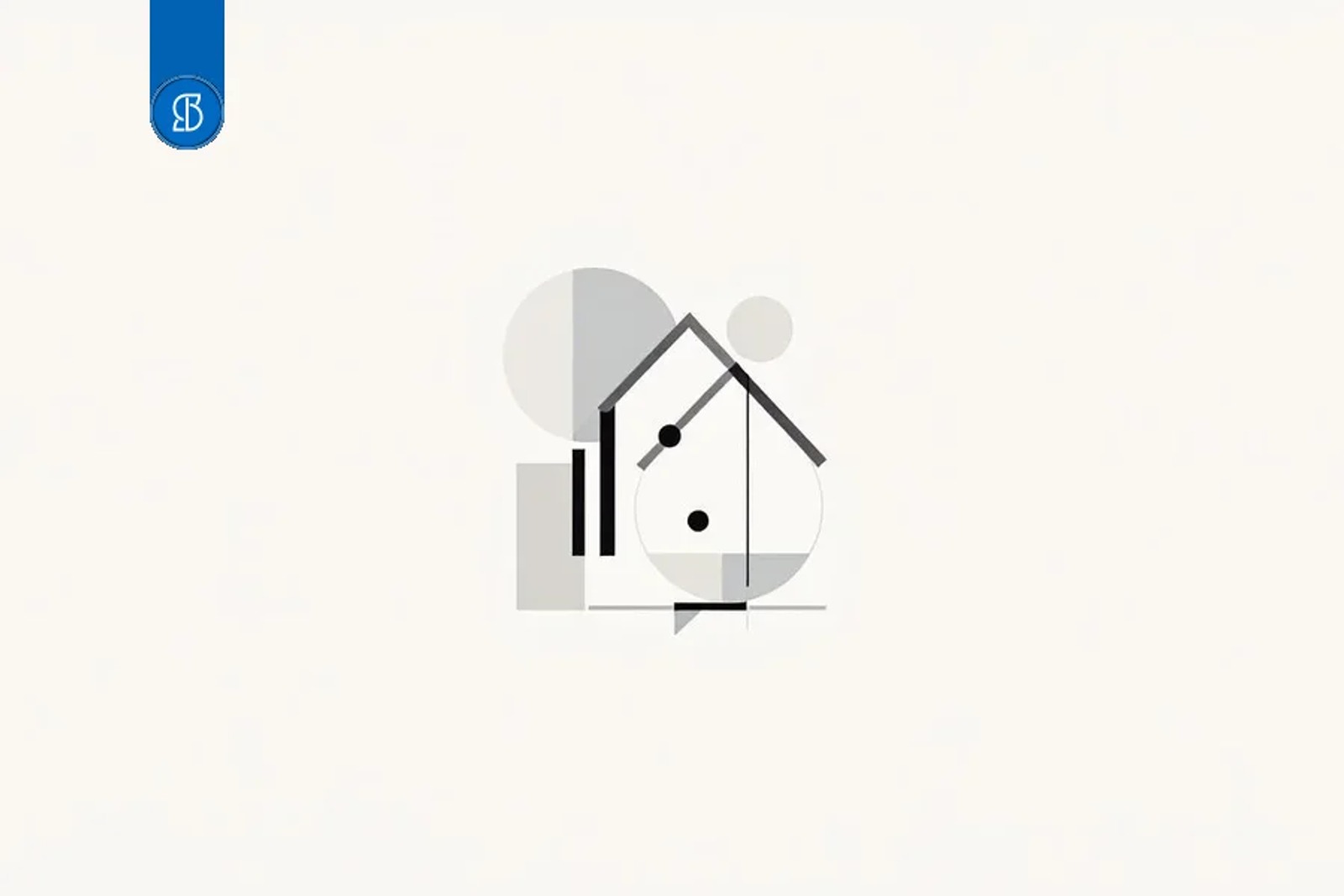 Composição minimalista de formas geométricas cinza e um contorno de casa em traço fino, sobre fundo creme