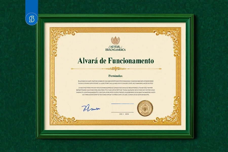 Certificado emoldurado de Alvará de Funcionamento sobre fundo verde