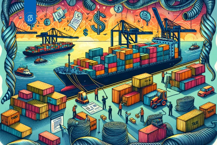 Ilustração de um porto com navio porta-contêineres, guindastes e contêineres coloridos no cais
