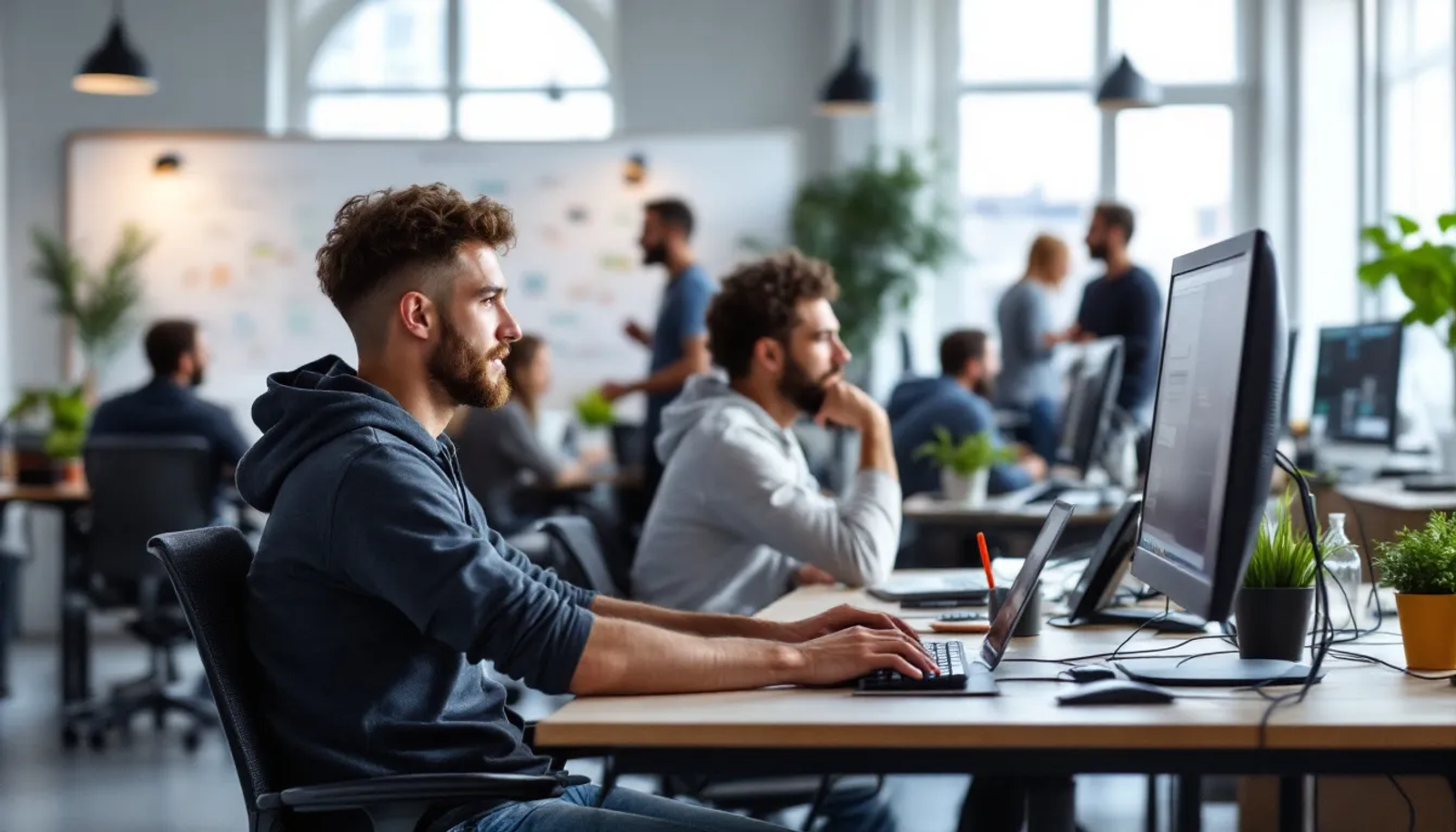 Imagem de uma equipe de desenvolvedores concentrados em seus computadores, trabalhando em um ambiente colaborativo. Eles estão envolvidos em atividades relacionadas a serviços de tecnologia e processamento de dados, refletindo um ambiente dinâmico e produtivo.