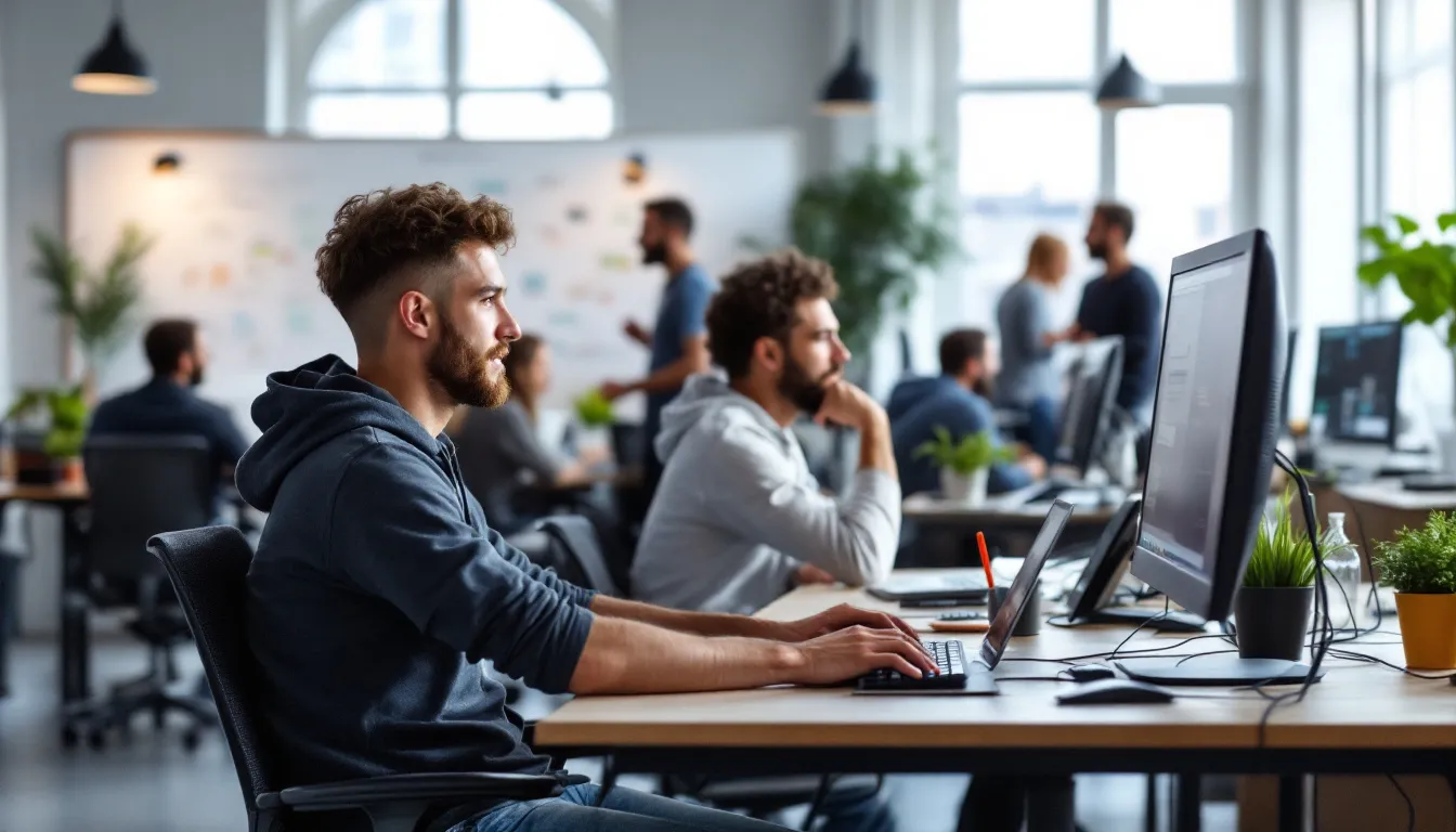 Imagem de uma equipe de desenvolvedores concentrados em seus computadores, trabalhando em um ambiente colaborativo. Eles estão envolvidos em atividades relacionadas a serviços de tecnologia e processamento de dados, refletindo um ambiente dinâmico e produtivo.