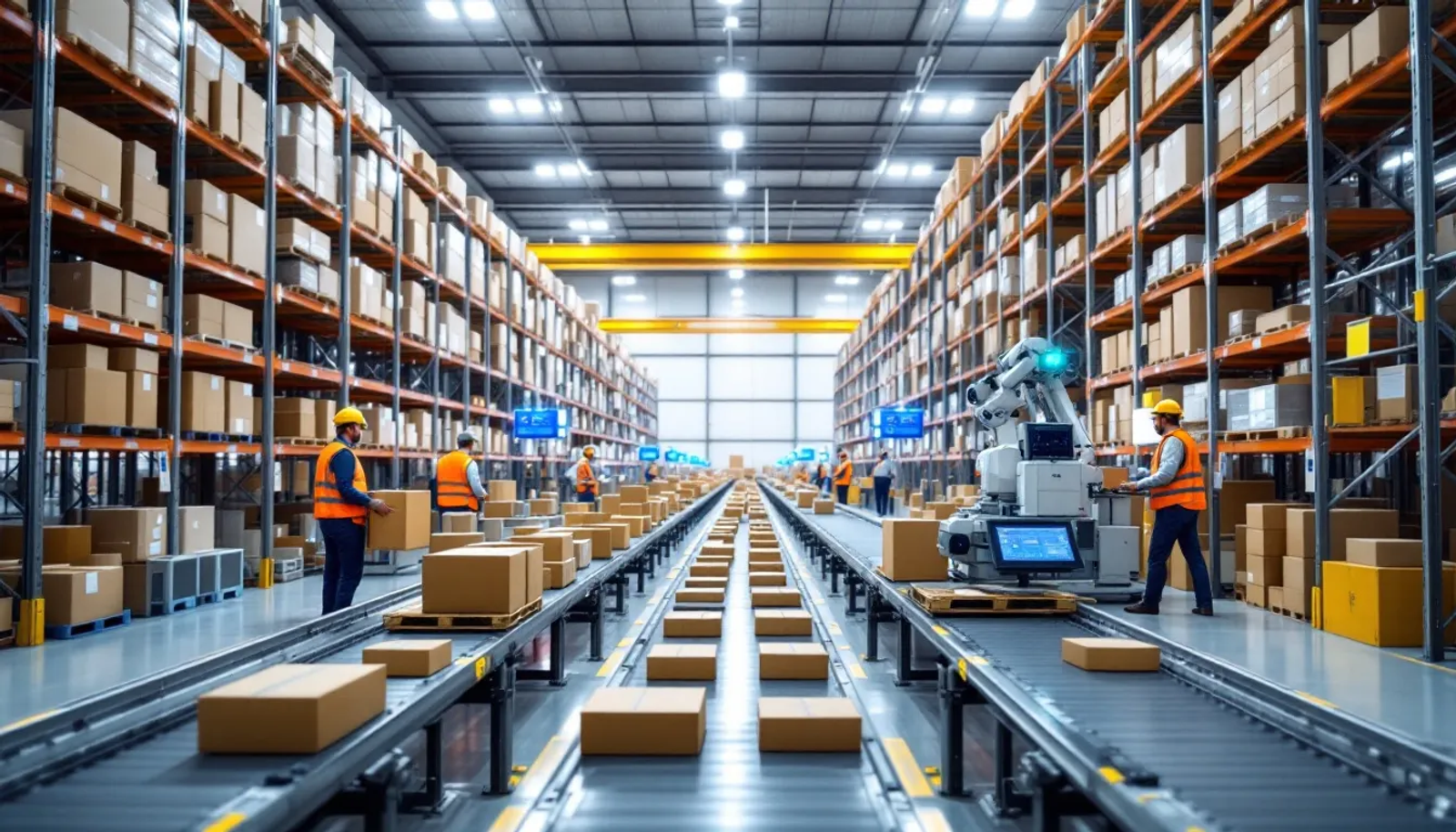 Imagem de um moderno centro de distribuição, equipado com sistemas de armazenamento automatizados e esteiras transportadoras que manipulam pacotes. O ambiente reflete a eficiência logística necessária para a gestão de estoque e operações de empresas que atuam no e-commerce.