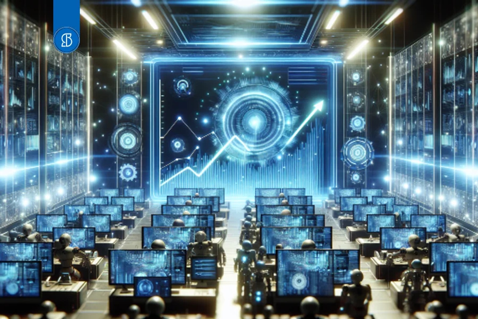 Ilustração de uma sala com fileiras de monitores azuis e um gráfico de linha ascendente ao fundo