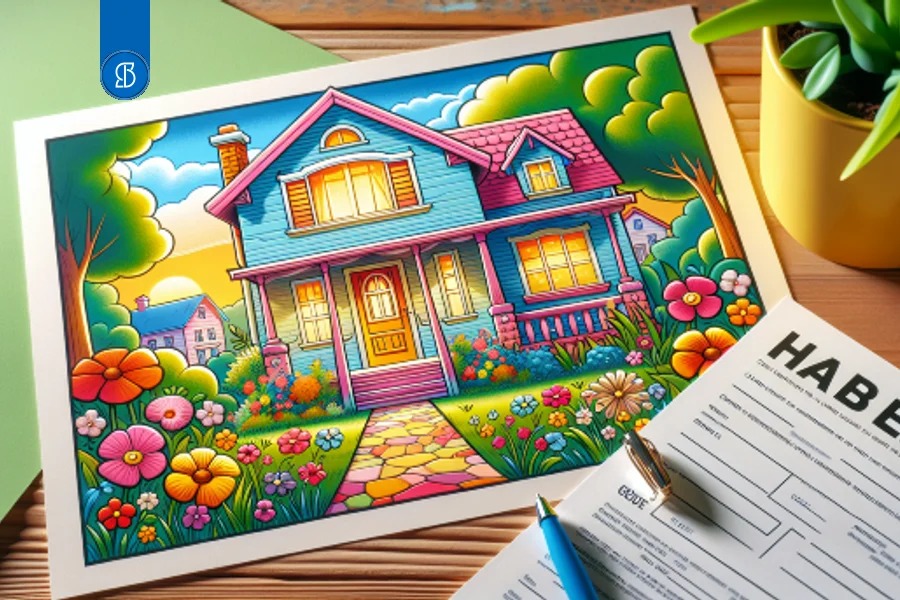 Ilustração de uma casa colorida emoldurada sobre mesa de madeira, ao lado de um formulário e uma caneta