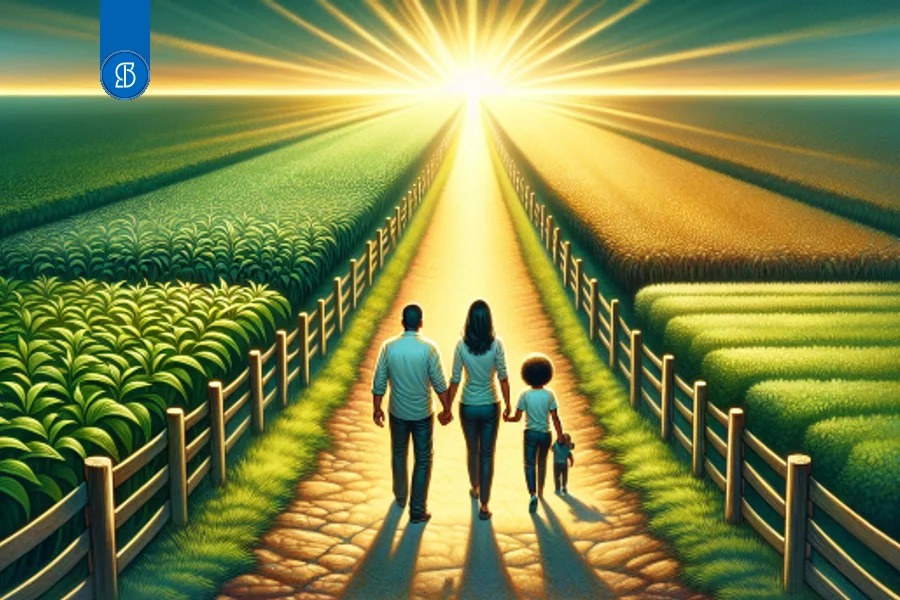 Ilustração de uma família de três caminhando de mãos dadas por um caminho ladeado de plantações, ao sol