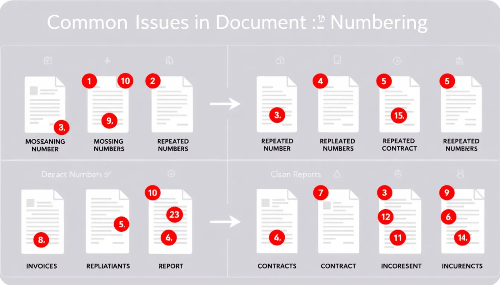 A imagem representa problemas comuns na numeração sequencial de documentos, como notas fiscais e declarações de prestação de serviços. Ela ilustra a complexidade da legislação tributária e a importância da correta emissão e gestão dos documentos fiscais pelos prestadores de serviços e contribuintes.