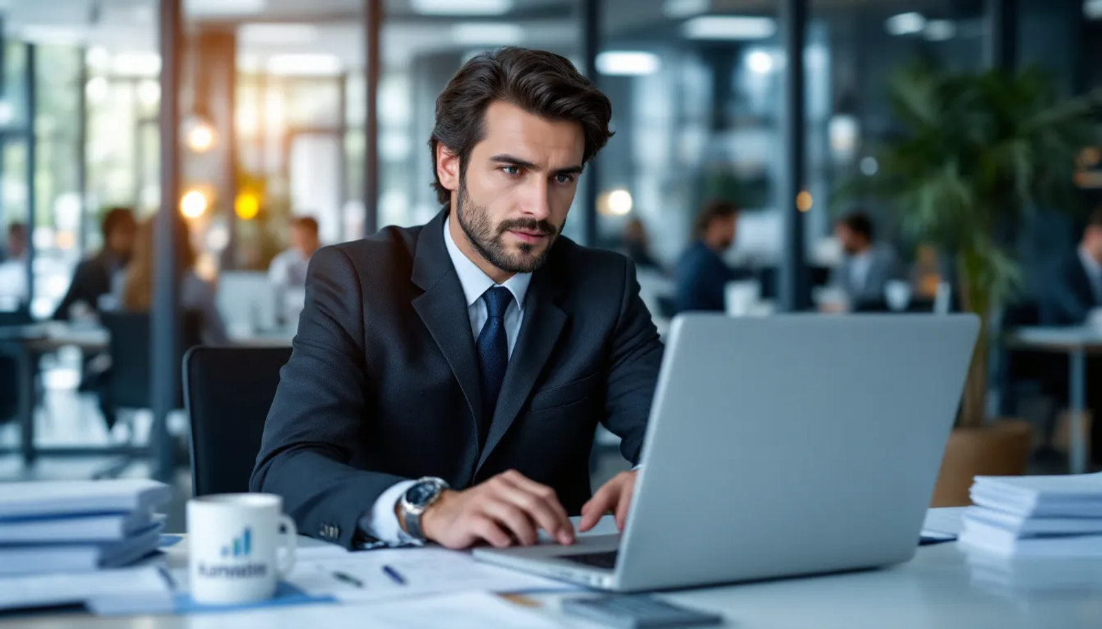 Um contador está concentrado em sua mesa, analisando documentos financeiros e utilizando um sistema de computador. Ele está cercado por notas fiscais e relatórios contábeis, que são essenciais para a gestão do estoque físico e a apuração do balanço patrimonial da empresa.