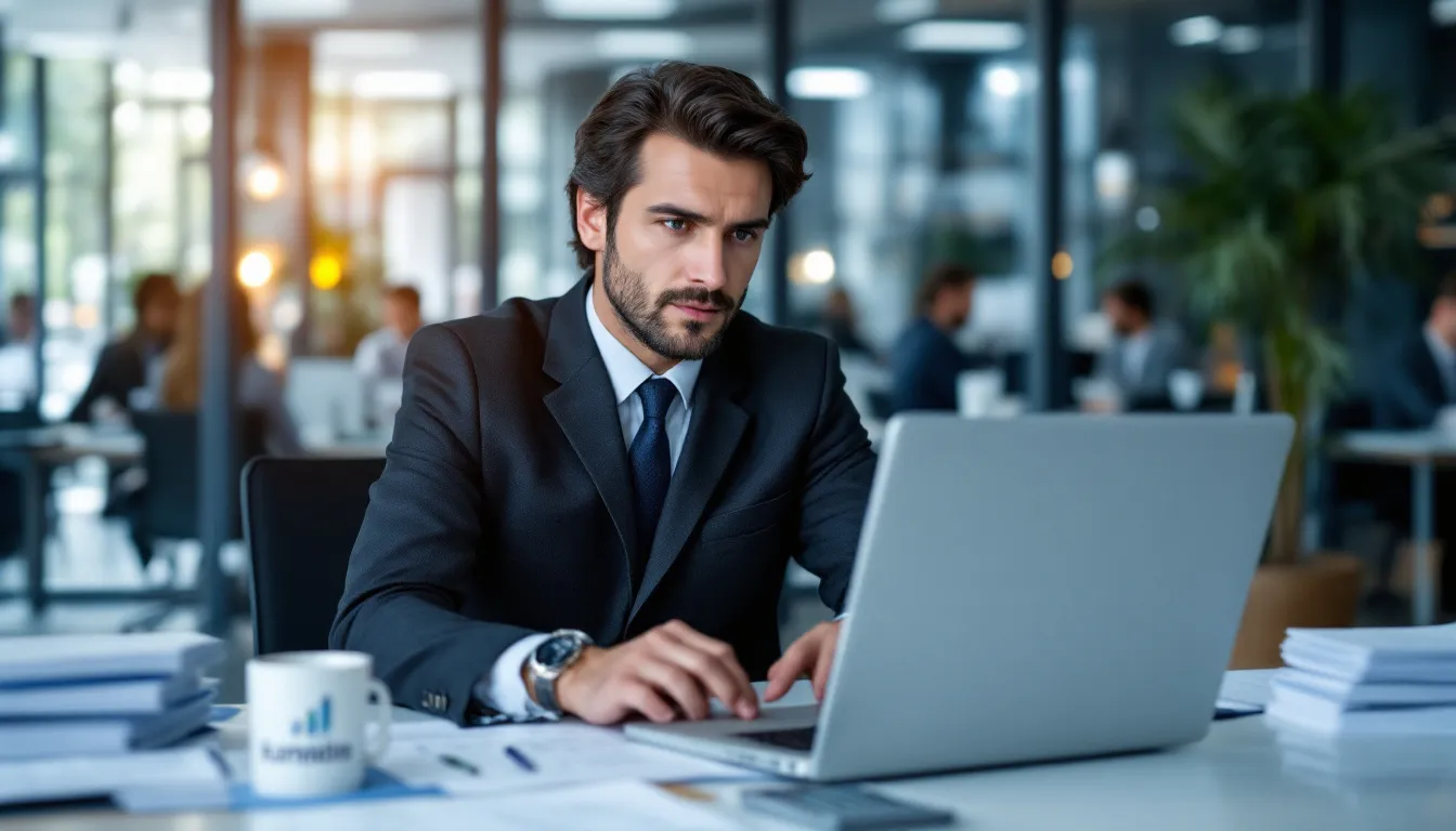 Um contador está concentrado em sua mesa, analisando documentos financeiros e utilizando um sistema de computador. Ele está cercado por notas fiscais e relatórios contábeis, que são essenciais para a gestão do estoque físico e a apuração do balanço patrimonial da empresa.
