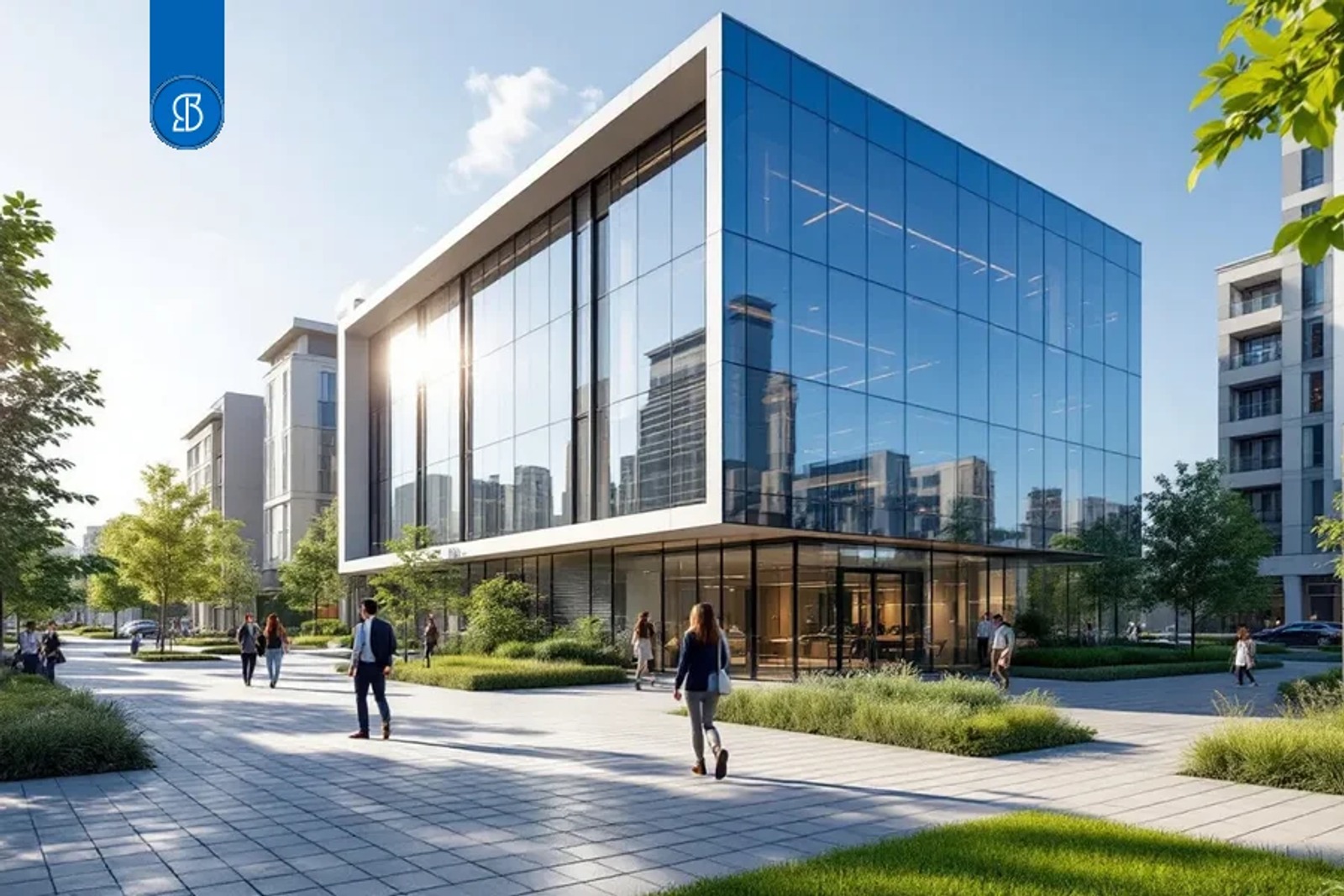 Edifício comercial de fachada de vidro azul numa praça arborizada, com pessoas caminhando pelo calçadão