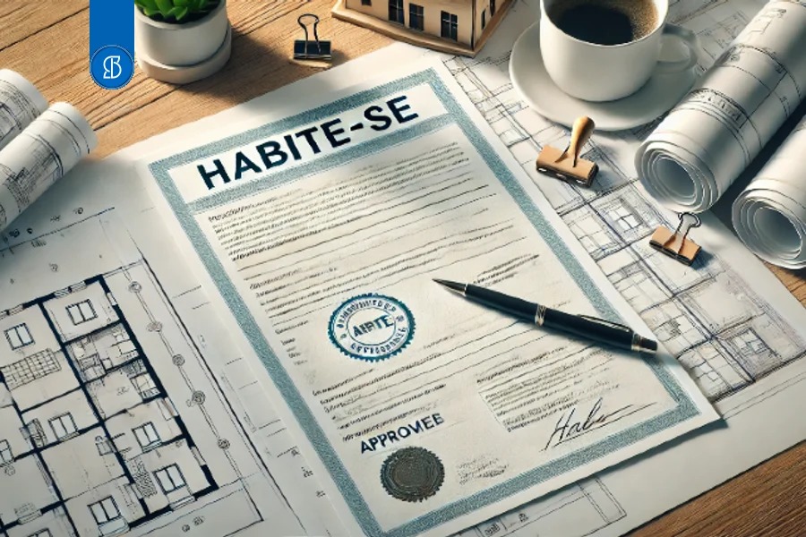 Documento intitulado Habite-se com selo e assinatura, sobre plantas de arquitetura e uma mesa de madeira
