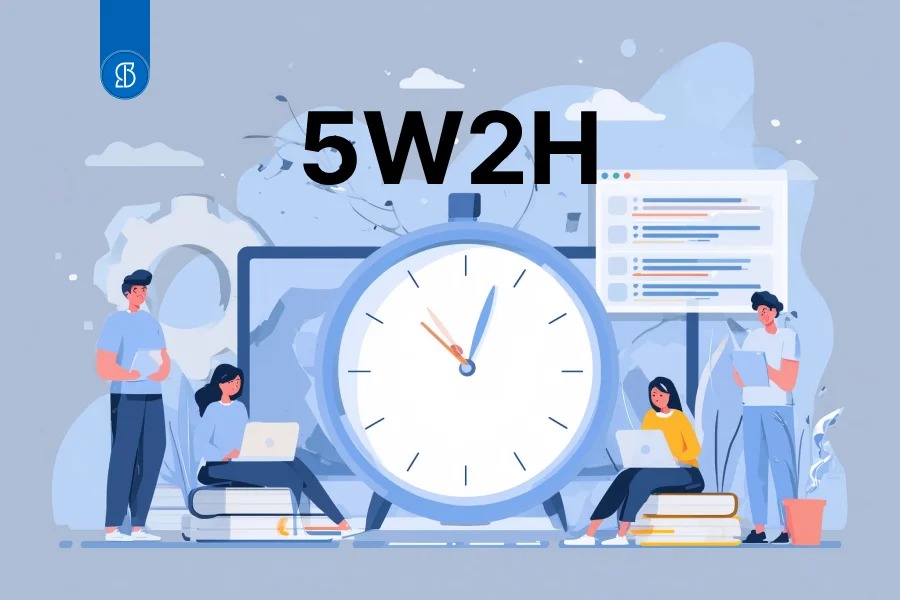Ilustração de pessoas trabalhando em volta de um relógio grande, com a sigla 5W2H