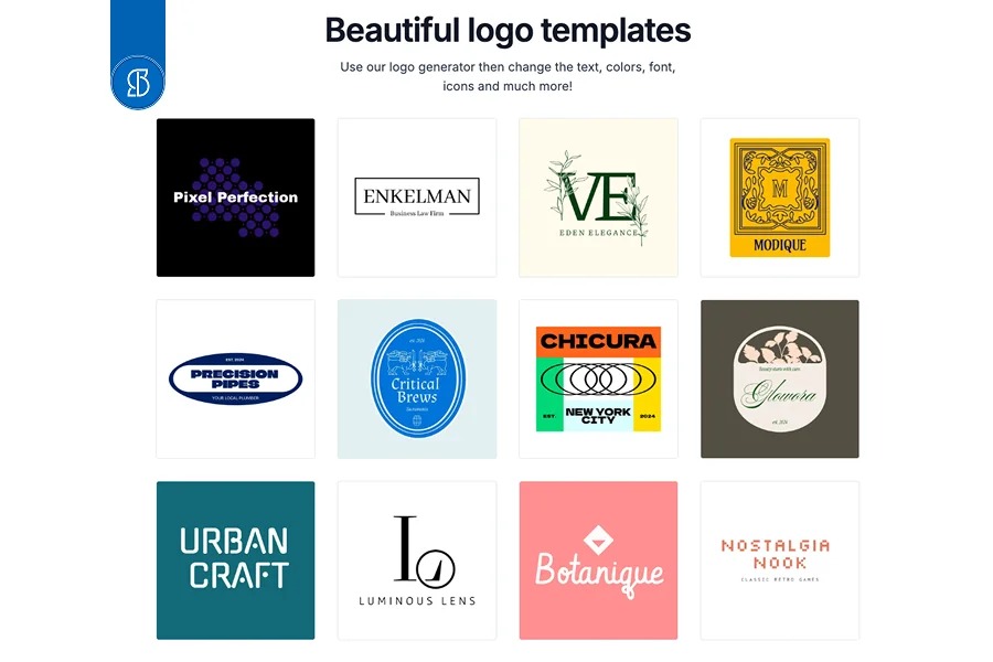 Grade com doze modelos de logotipo em estilos e cores variados