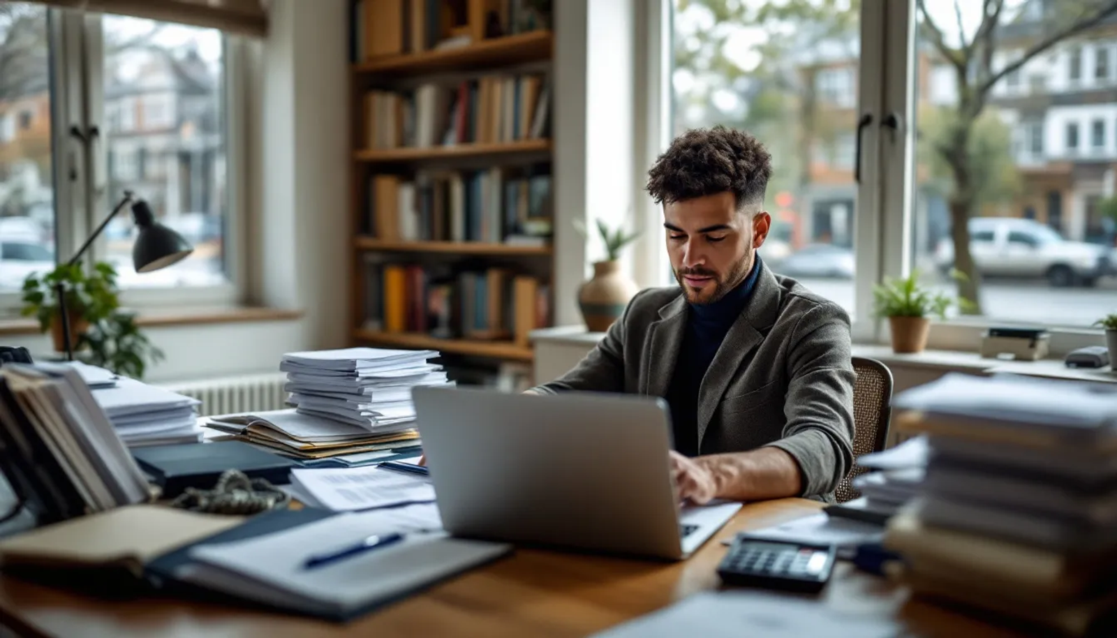 Uma pessoa está organizando documentos fiscais em um ambiente de home office, com papéis, notas fiscais e um computador ao seu redor, refletindo o estilo de vida de um nômade digital que precisa gerenciar sua residência fiscal e obrigações de imposto de renda. O espaço é iluminado e transmite uma sensação de produtividade e ordem.
