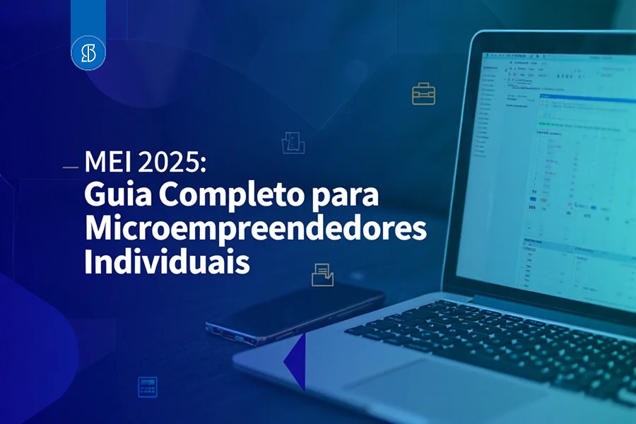 Notebook e celular sobre fundo azul-escuro, com o título MEI 2025 ao lado