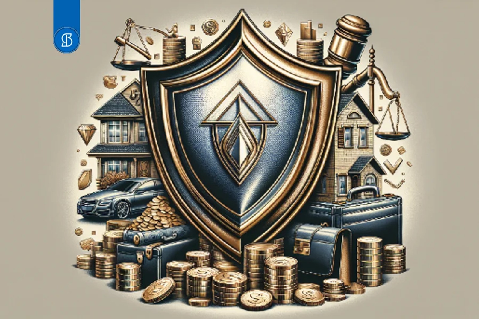 Ilustração de um grande escudo dourado e azul ao centro, com casas, carro, pastas e moedas ao redor
