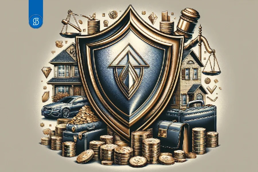 Ilustração de um grande escudo dourado e azul ao centro, com casas, carro, pastas e moedas ao redor