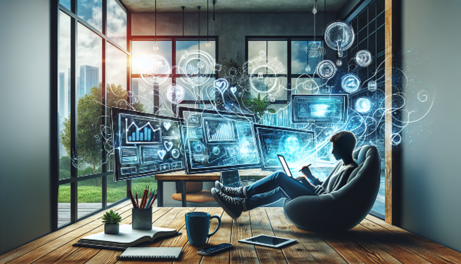 Ilustração de um empreendedor digital trabalhando de forma flexível em casa.