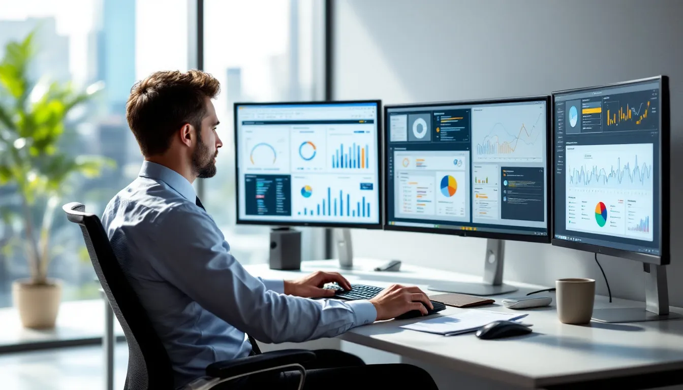 Um profissional está concentrado em seu trabalho, utilizando um computador com múltiplas telas que exibem sistemas de gestão, incluindo informações sobre notas fiscais e a legislação tributária, como a lei complementar nº 116. O ambiente sugere uma atividade econômica relacionada ao sistema tributário nacional, com foco na verificação e emissão de documentos fiscais.