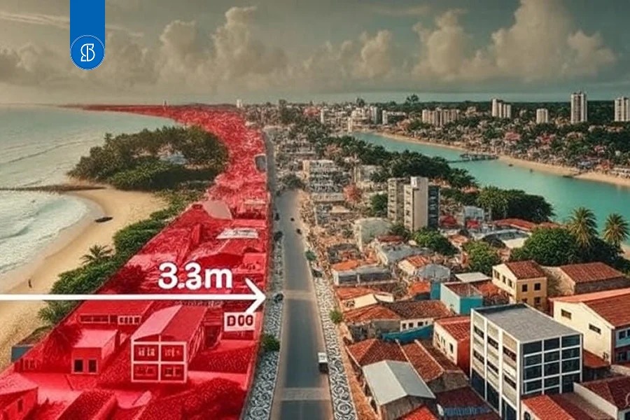 Vista aérea de orla urbana com a faixa de terrenos da União destacada em vermelho e a medida 3,3m