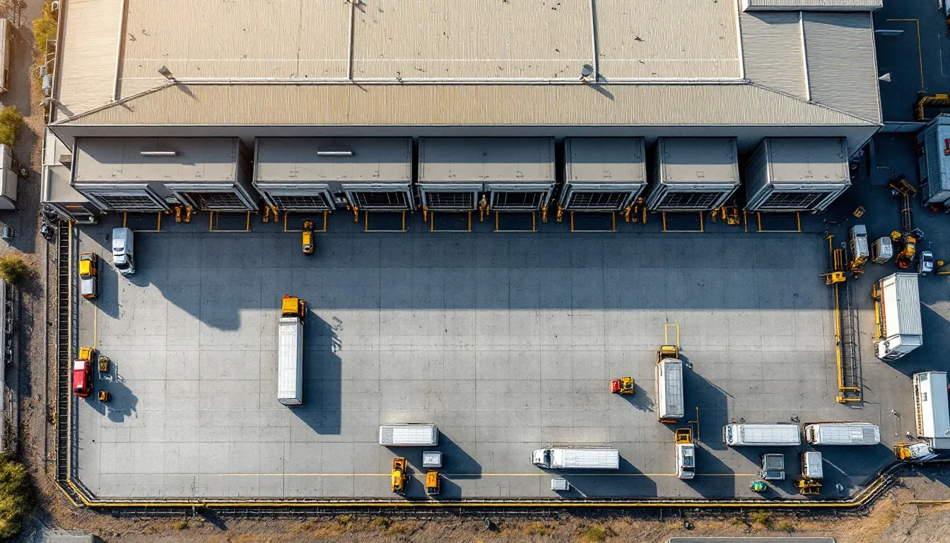 Vista aérea de um grande complexo industrial, com múltiplos docas de carga e veículos de transporte, representando um espaço vital para a gestão de estoques e operações de empresas. O local é ideal para atividades comerciais e pode servir como endereço fiscal para negócios em crescimento.