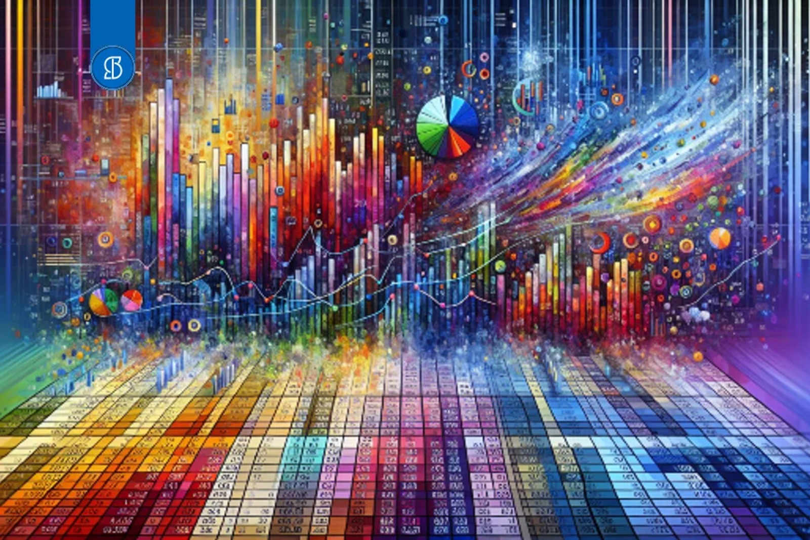 Ilustração abstrata de uma planilha em perspectiva, com gráficos de barras e linhas coloridos ao fundo