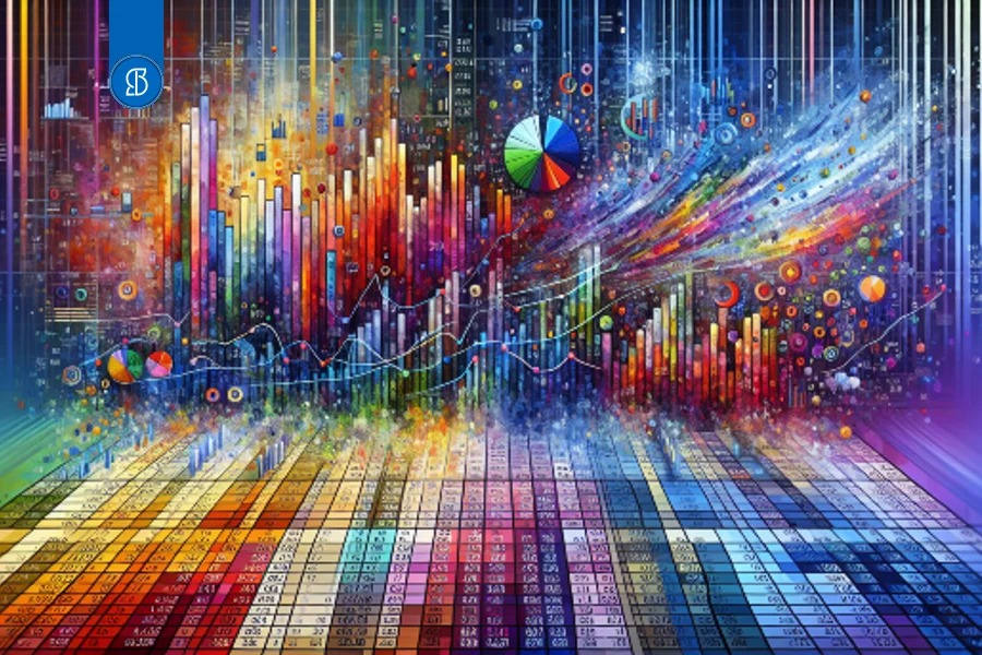 Ilustração abstrata de uma planilha em perspectiva, com gráficos de barras e linhas coloridos ao fundo
