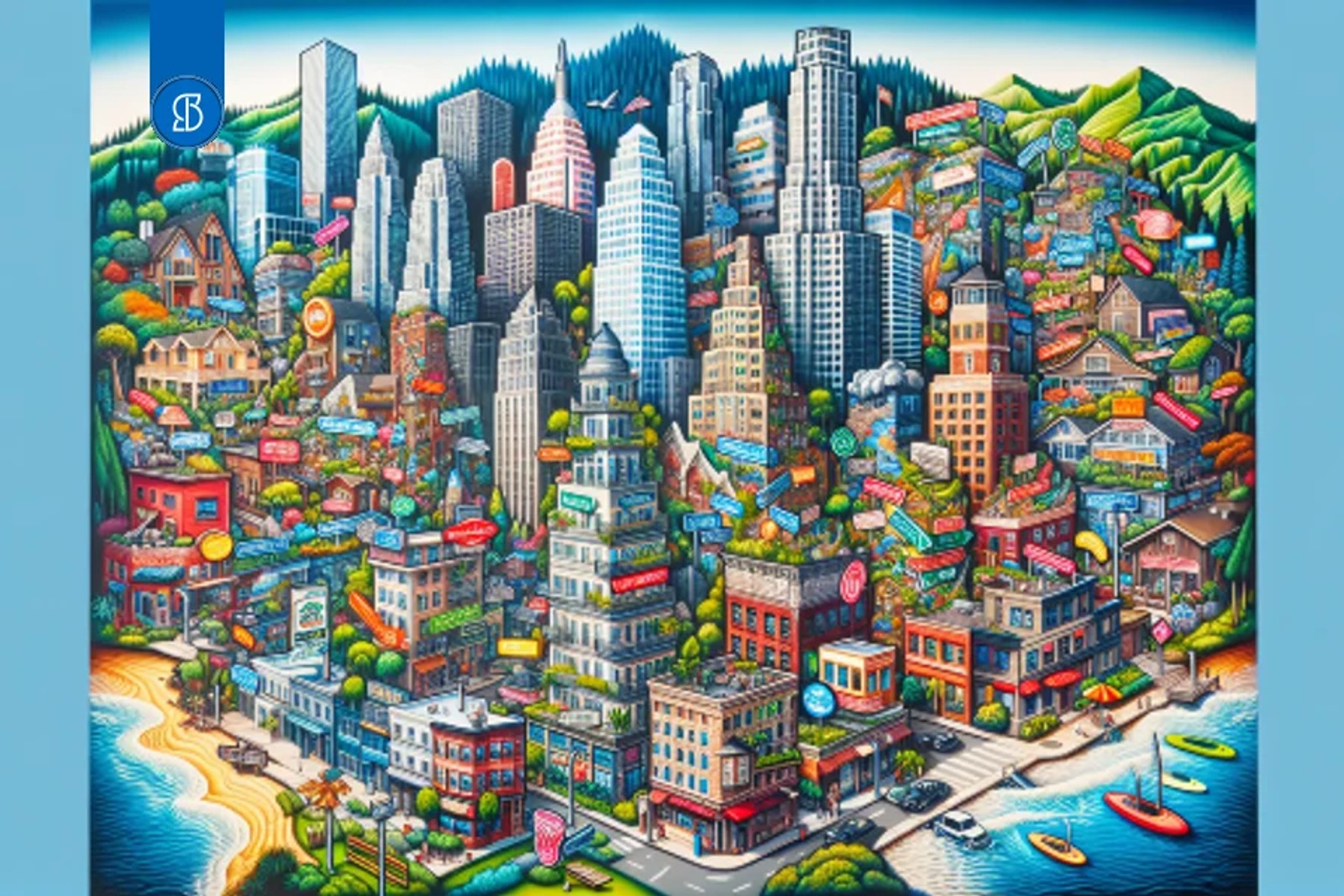 Ilustração colorida de uma cidade densa, com arranha-céus, casas, comércio e orla ao fundo