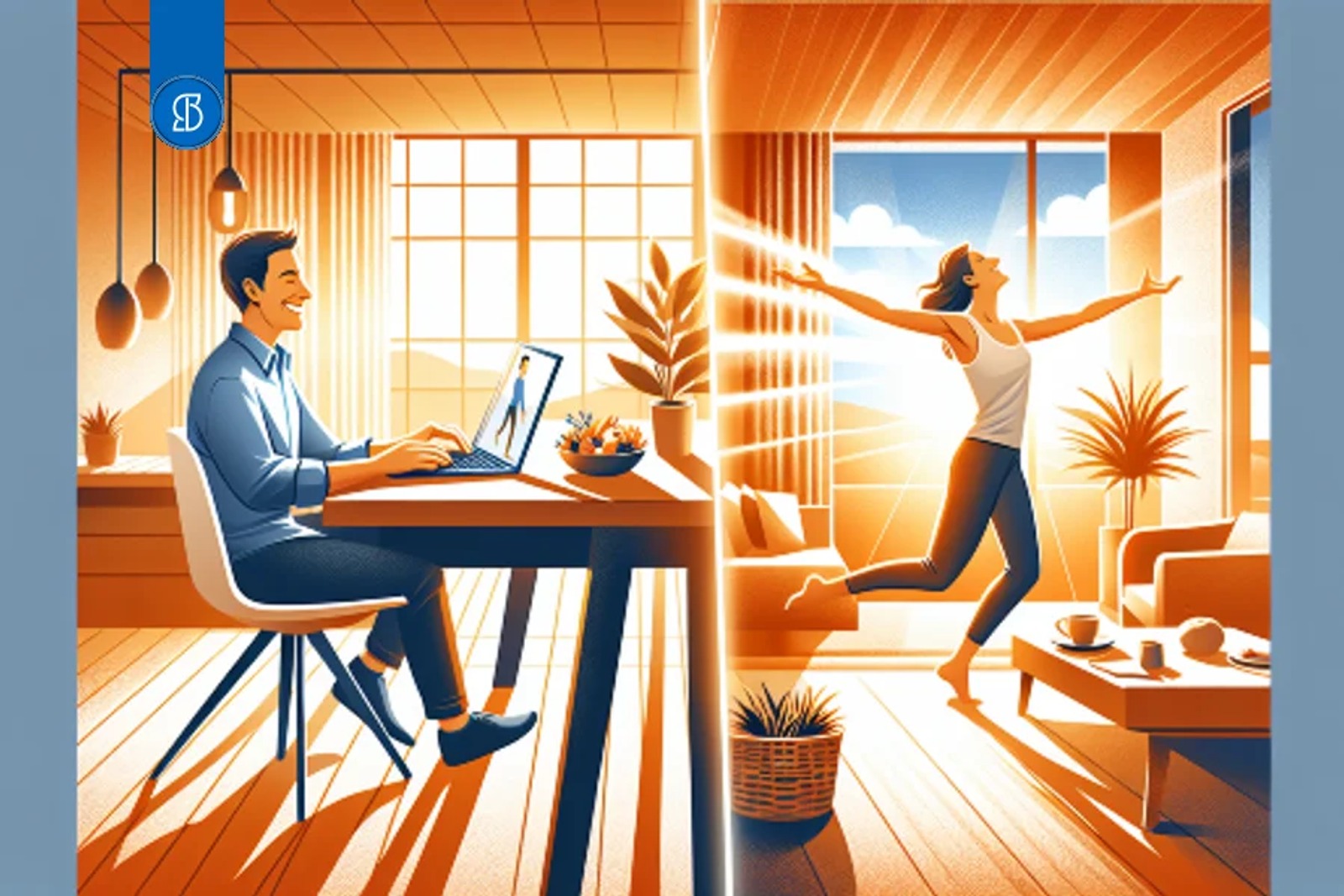 Ilustração em dois quadros: à esquerda, homem trabalhando no notebook; à direita, mulher de braços abertos ao sol
