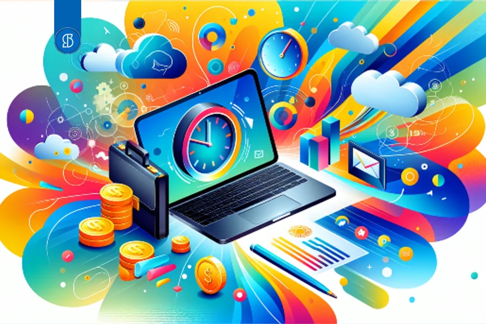 Notebook ao centro cercado de relógios, moedas, gráficos e nuvens em cores vivas
