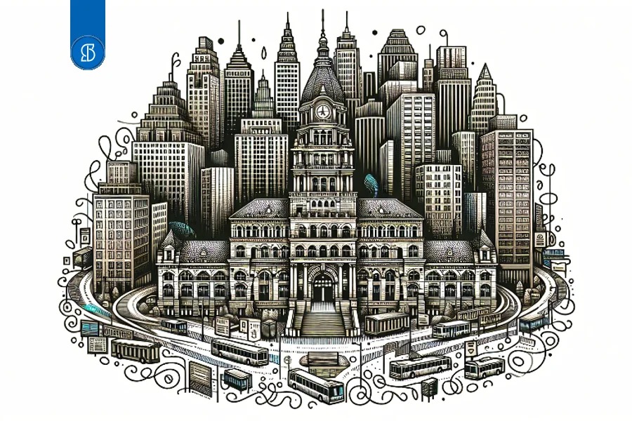 Ilustração a traço de um conjunto de prédios urbanos com uma prefeitura ao centro