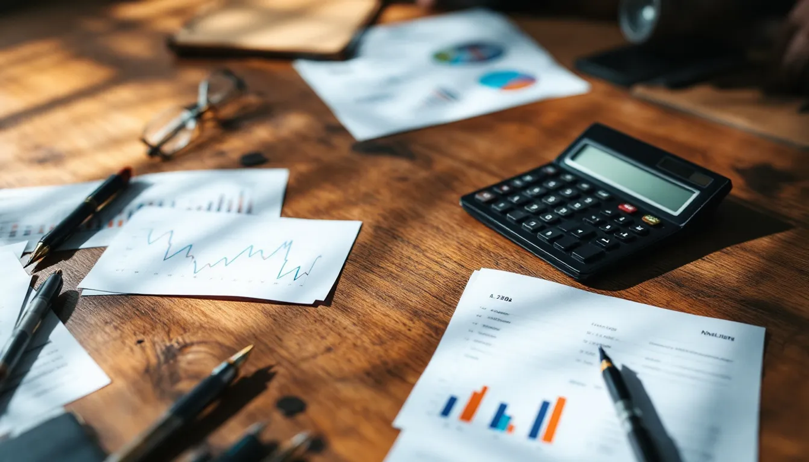 A imagem mostra uma calculadora e documentos financeiros organizados sobre uma mesa, sugerindo um ambiente de trabalho de um escritório virtual. Os papéis podem incluir notas fiscais e contratos, refletindo a gestão online de correspondências e a burocracia relacionada a negócios.