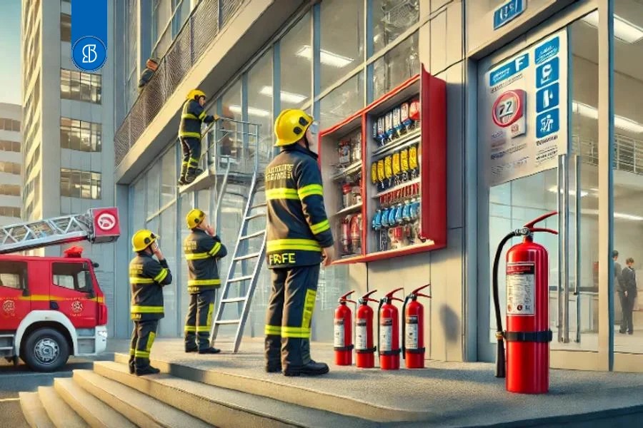 Bombeiros de uniforme e capacete inspecionando extintores na entrada de um prédio comercial
