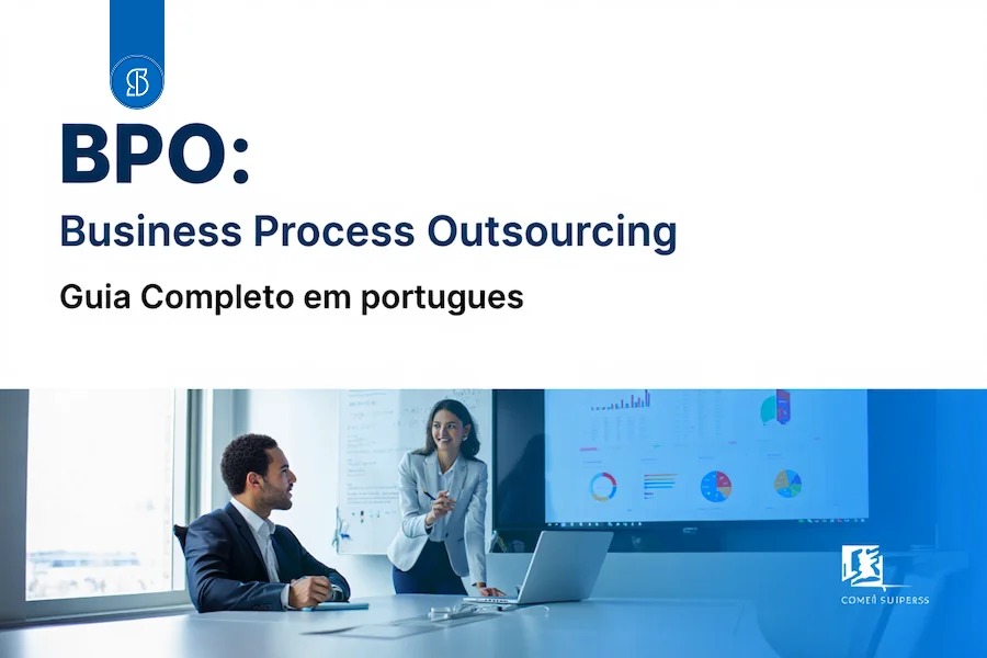 Dois profissionais em reunião diante de uma tela com gráficos, sob o título BPO