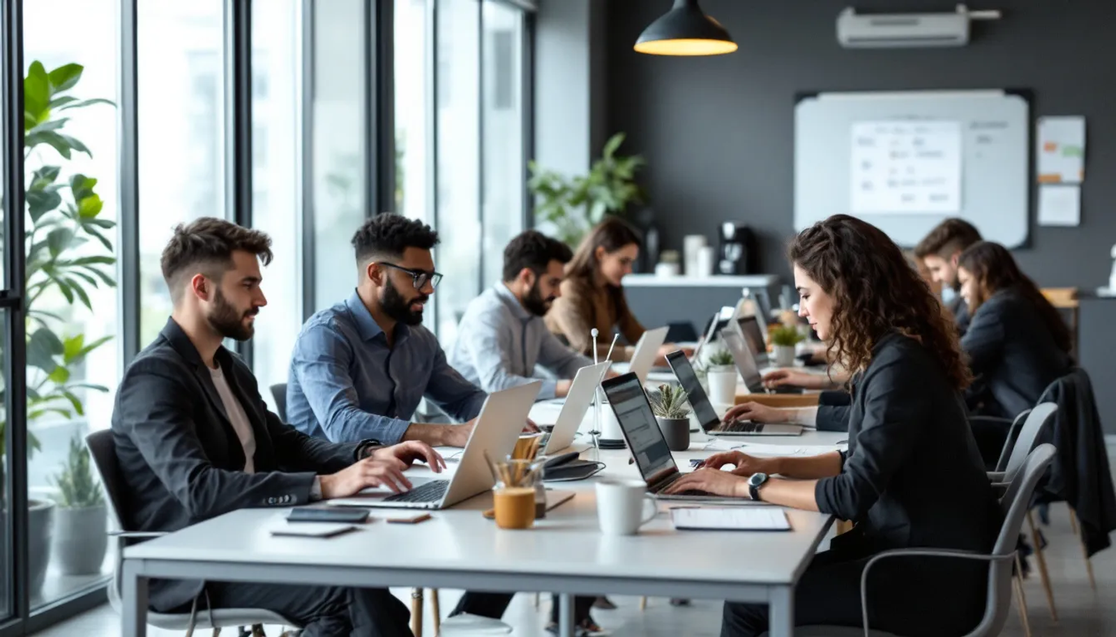 Imagem de um espaço de coworking moderno, onde profissionais de diferentes nacionalidades estão concentrados em seus laptops, colaborando em um ambiente dinâmico e produtivo. O local, que poderia ser um escritório virtual em São Paulo, reflete a diversidade e a liberdade do trabalho moderno.