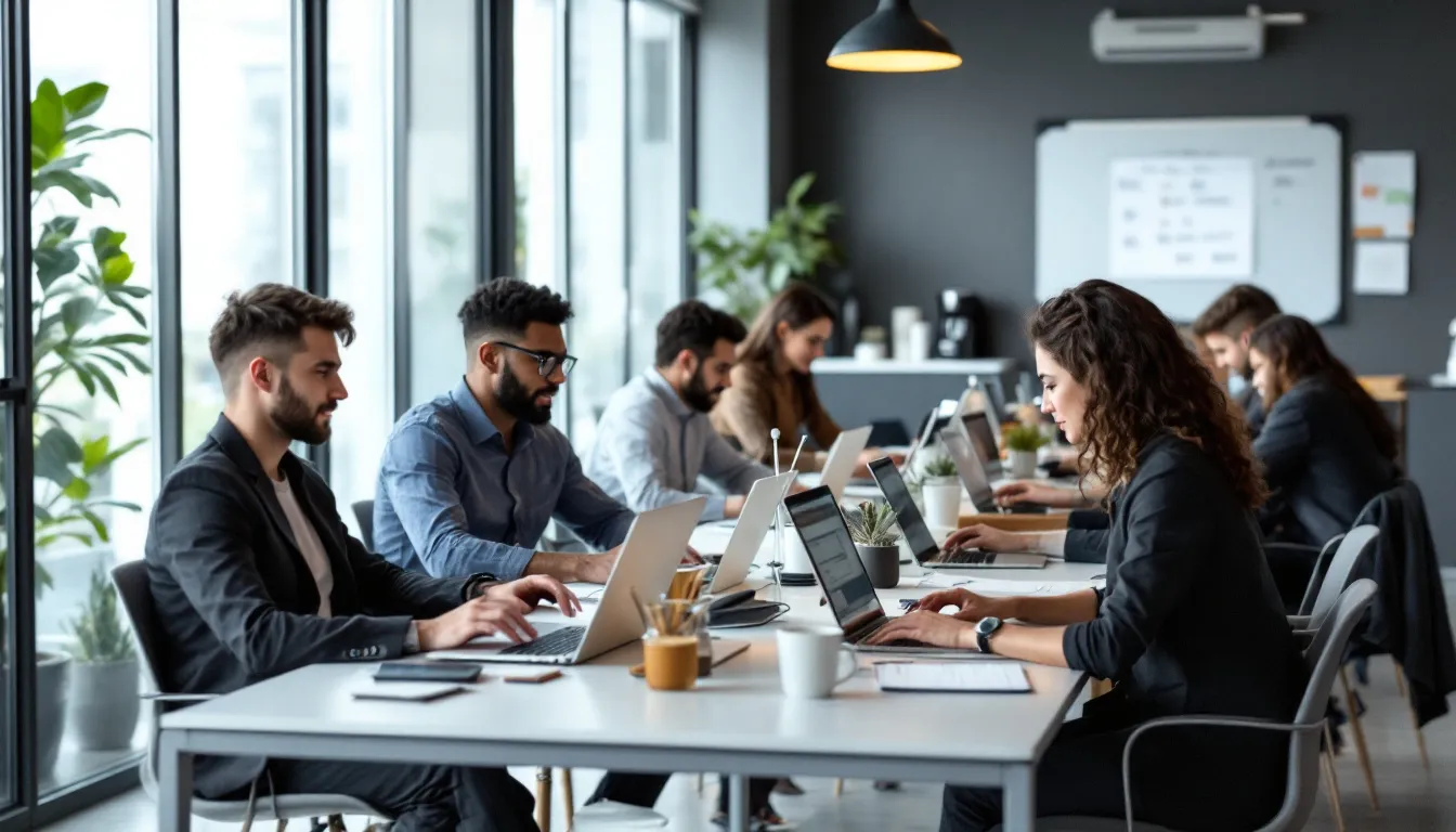 Imagem de um espaço de coworking moderno, onde profissionais de diferentes nacionalidades estão concentrados em seus laptops, colaborando em um ambiente dinâmico e produtivo. O local, que poderia ser um escritório virtual em São Paulo, reflete a diversidade e a liberdade do trabalho moderno.