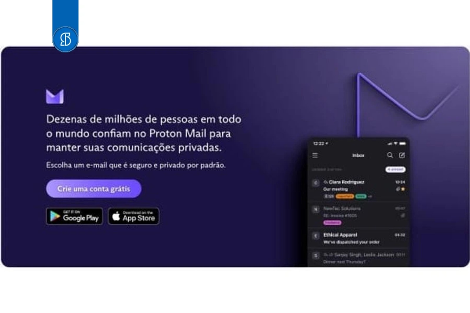 Página de serviço de e-mail criptografado, com chamada para criar conta gratuita e a caixa de entrada num celular