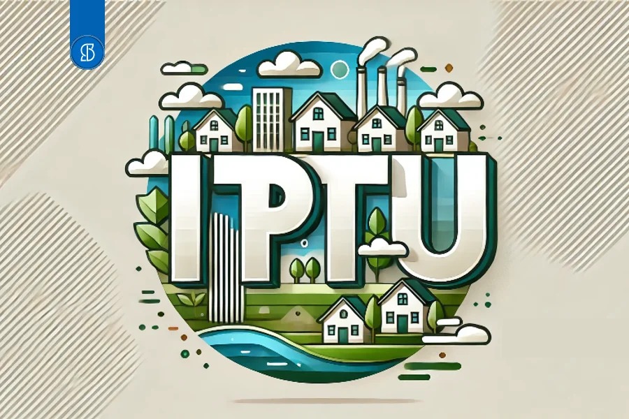 Ilustração circular com casas, prédios e árvores em torno da sigla IPTU
