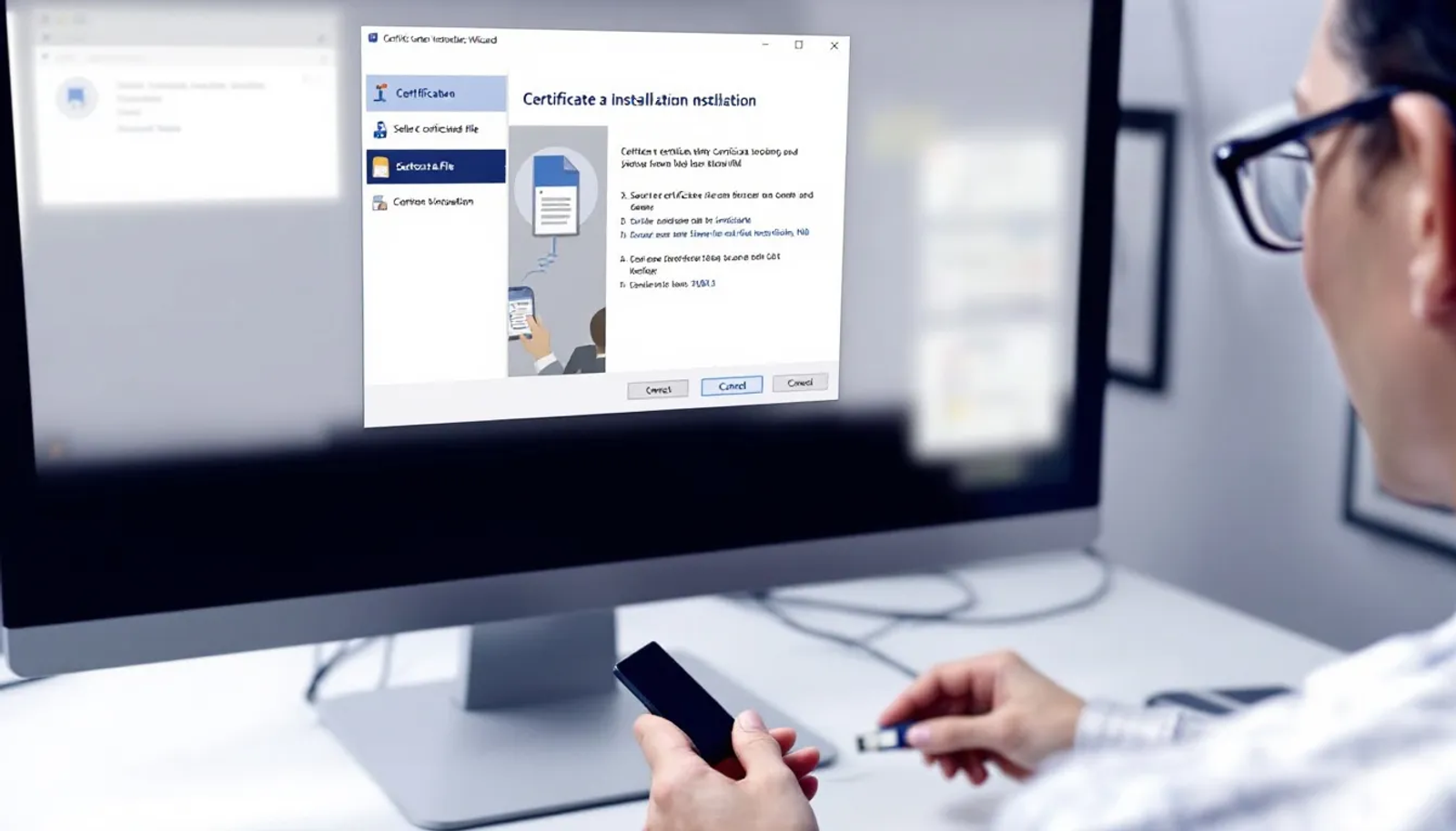 A imagem ilustra o processo de instalação de um certificado digital utilizando um token conectado a um computador, com a tela do sistema exibindo opções de autenticação e acesso ao portal de emissão de notas fiscais eletrônicas. Elementos visuais incluem o token, o computador e a interface do site que facilita a emissão de documentos de forma acessível.