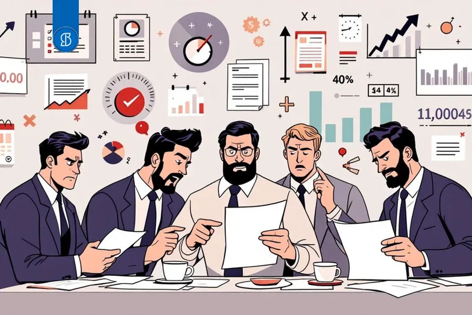 Ilustração de cinco homens de terno analisando papéis, cercados por gráficos, calendários e relógios
