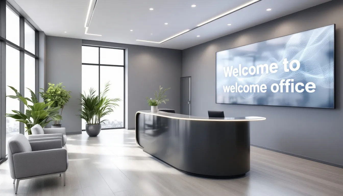 Imagem de um escritório virtual moderno, com uma recepção profissional, onde nômades digitais podem gerenciar seus negócios. O ambiente é acolhedor e funcional, ideal para quem busca um endereço fiscal e serviços de gestão para facilitar a vida profissional em qualquer lugar do mundo.