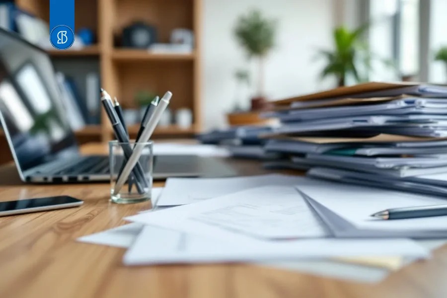 Mesa de escritório com notebook, porta-canetas e uma pilha alta de documentos e pastas