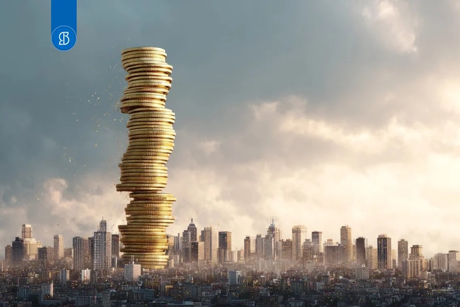 Pilha gigante de moedas douradas erguendo-se como um prédio sobre a silhueta de uma cidade