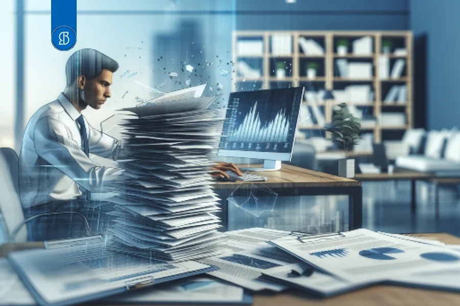 Ilustração de uma pessoa diante de um monitor, com uma pilha alta de documentos sobre a mesa