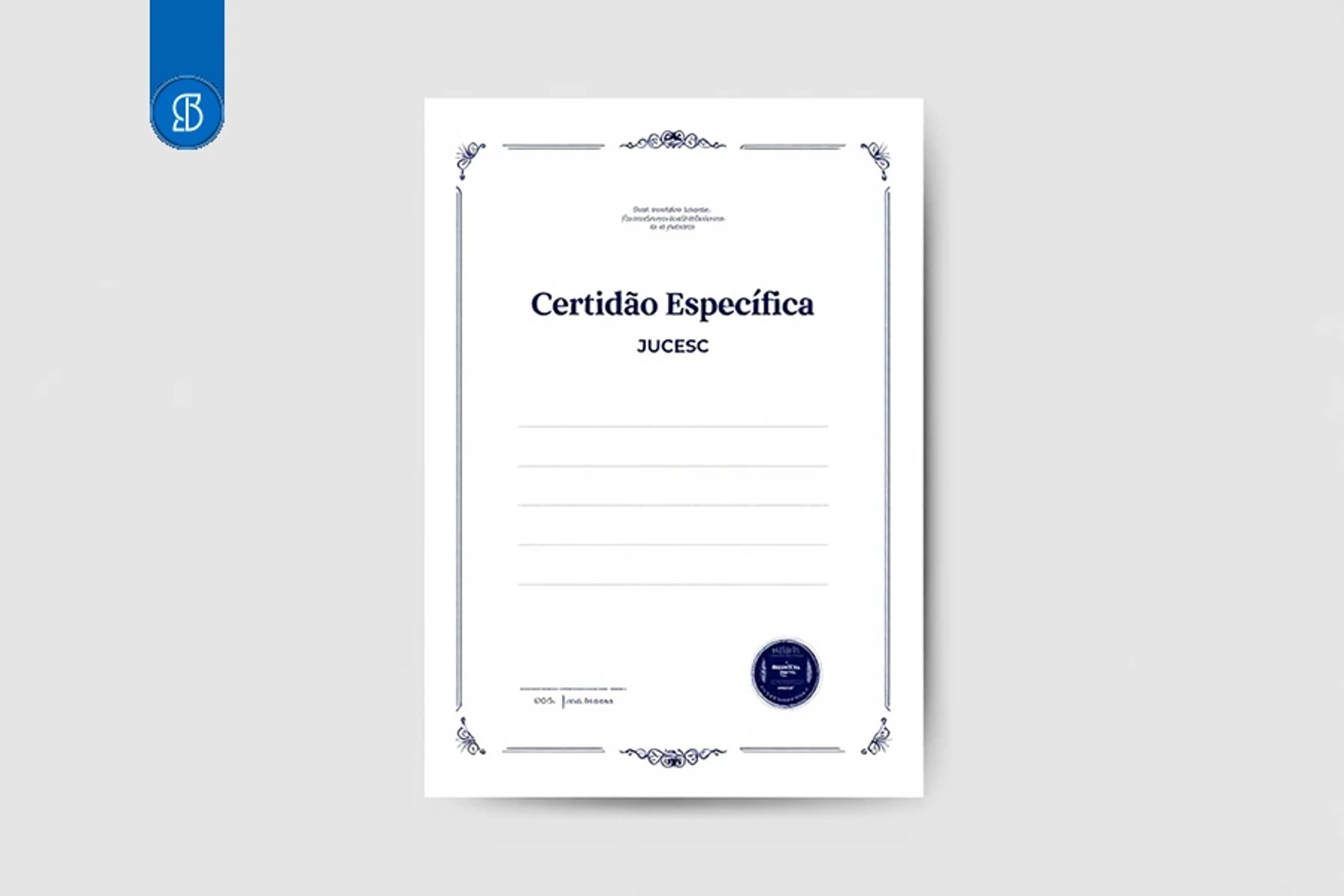 Modelo de Certidão Específica da Jucesc, com moldura ornamentada, linhas em branco e selo no rodapé