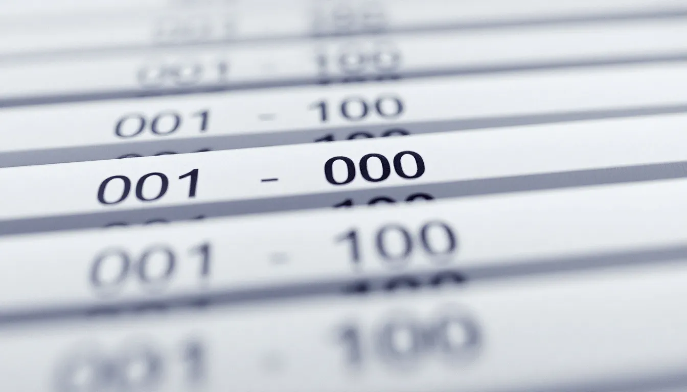 Imagem ilustrando um sistema de numeração sequencial de documentos fiscais, com destaque para números crescentes de notas fiscais de serviço (NFSe). A imagem representa a importância da organização e controle na emissão de documentos, essencial para a legislação tributária e a gestão financeira de prestadores de serviços.