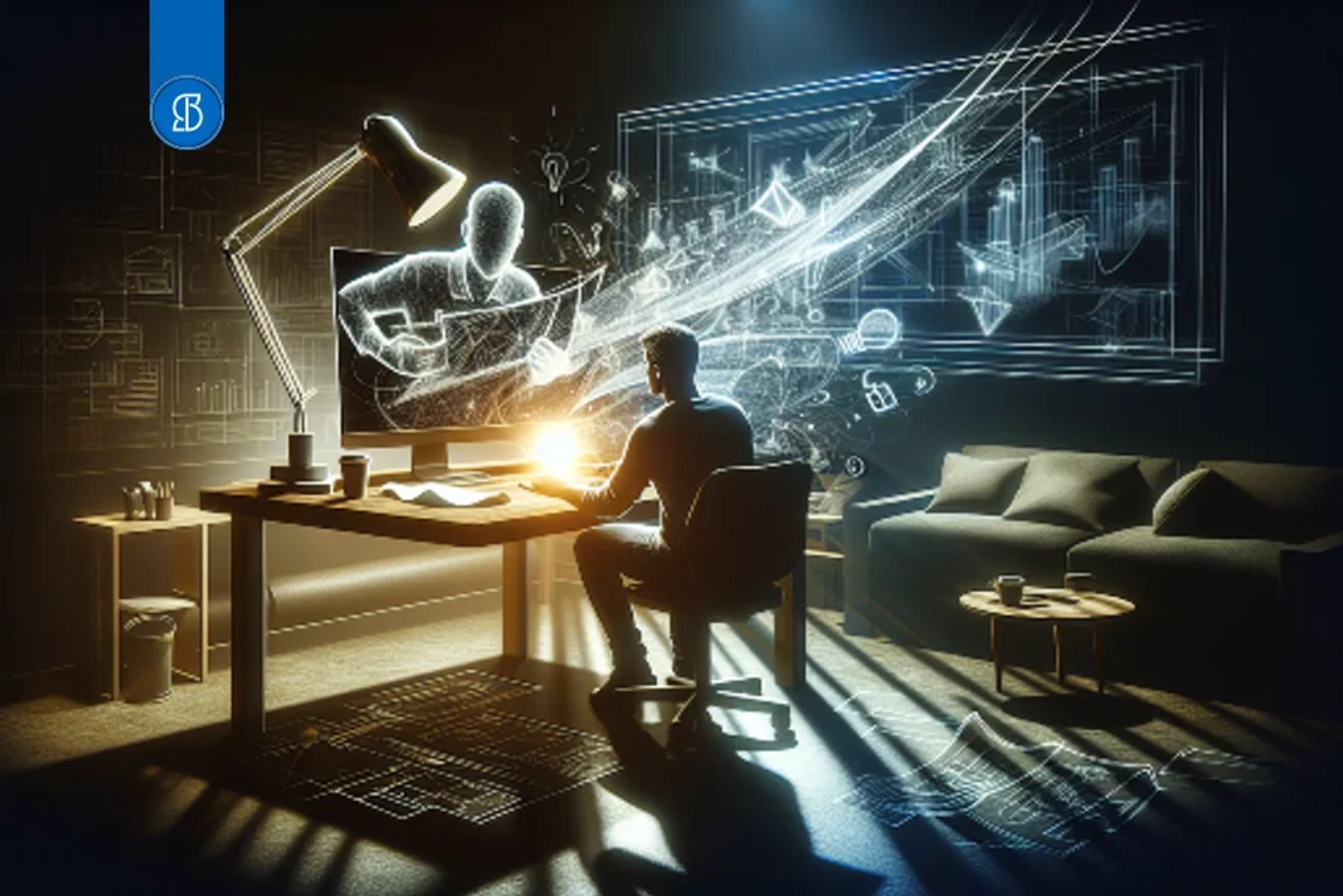 Ilustração em contraluz de uma pessoa diante de um monitor, com formas luminosas saindo da tela em direção à parede