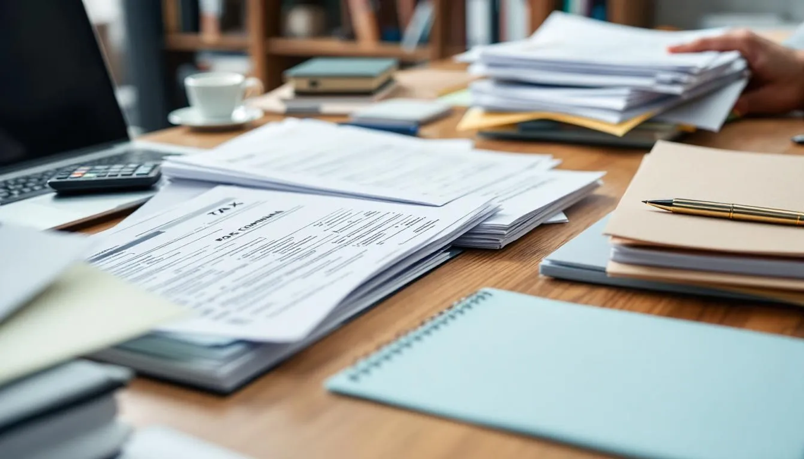 Uma mesa de escritório está organizada com diversos documentos fiscais e formulários, incluindo certidões de regularidade fiscal e informações sobre a dívida ativa da união, todos dispostos de forma ordenada para fácil acesso e consulta.