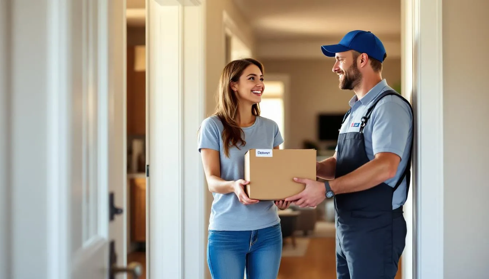 Uma imagem que representa uma entrega bem-sucedida, mostrando um pacote sendo entregue na porta de uma casa, simbolizando o sucesso do e commerce e a experiência positiva de compras em lojas virtuais.
