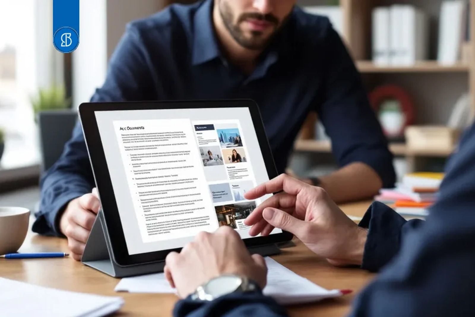 Duas pessoas à mesa consultando um documento num tablet apoiado em suporte